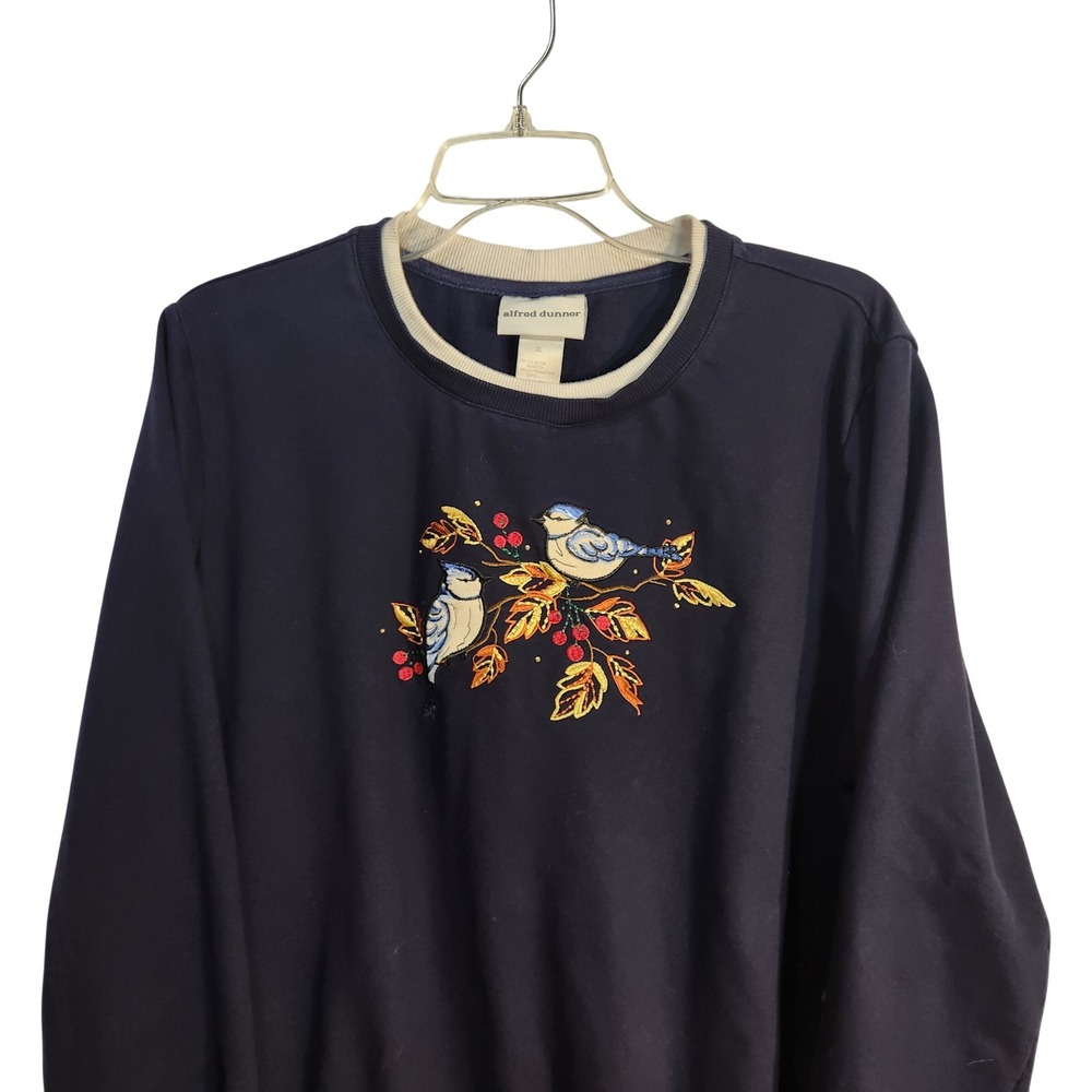 Alfred Dunner L Navy Blue Embroidered Bird Autumn Leaf Sweatshirt Vintage